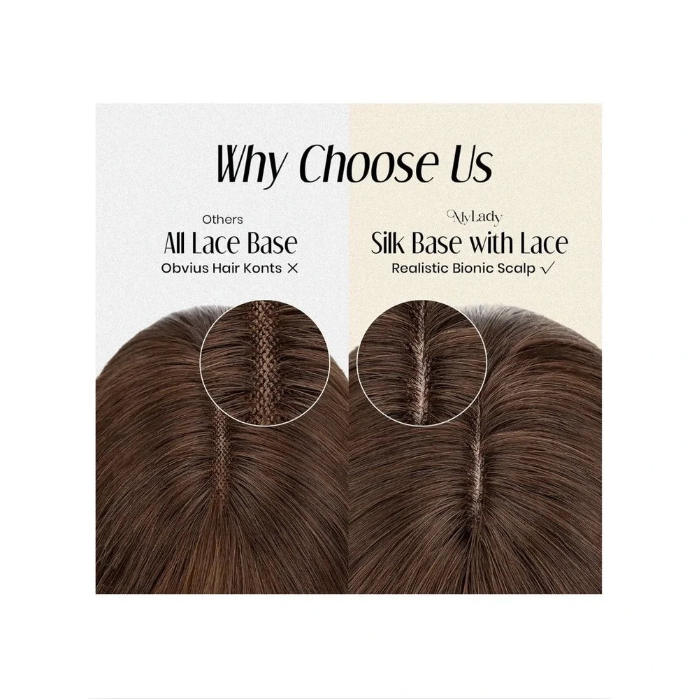 MY-LADY Human Hair Topper with Bangs 18 Inch Dark Brown Silk Base Remy Hairpiece